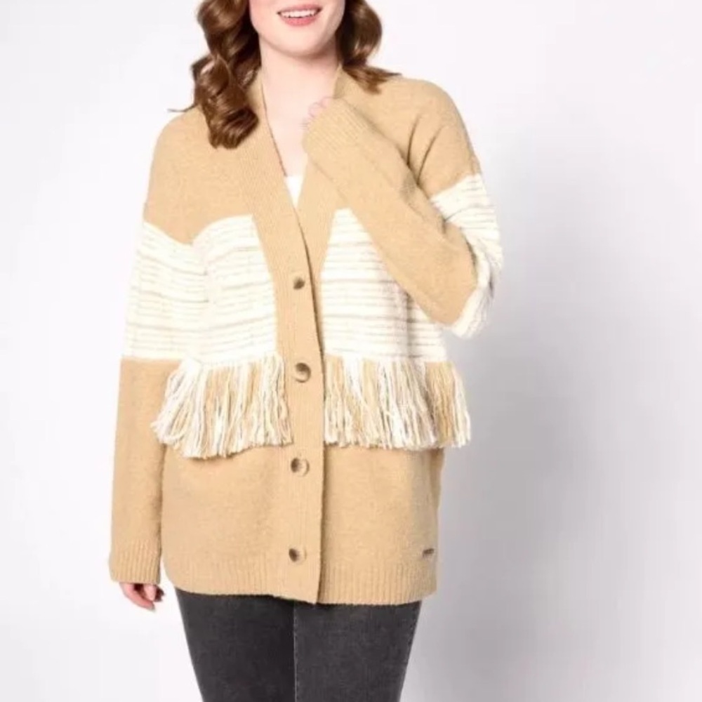NWOT PEACE LOVE WORLD Tan and Cream Cardigan with Fringe